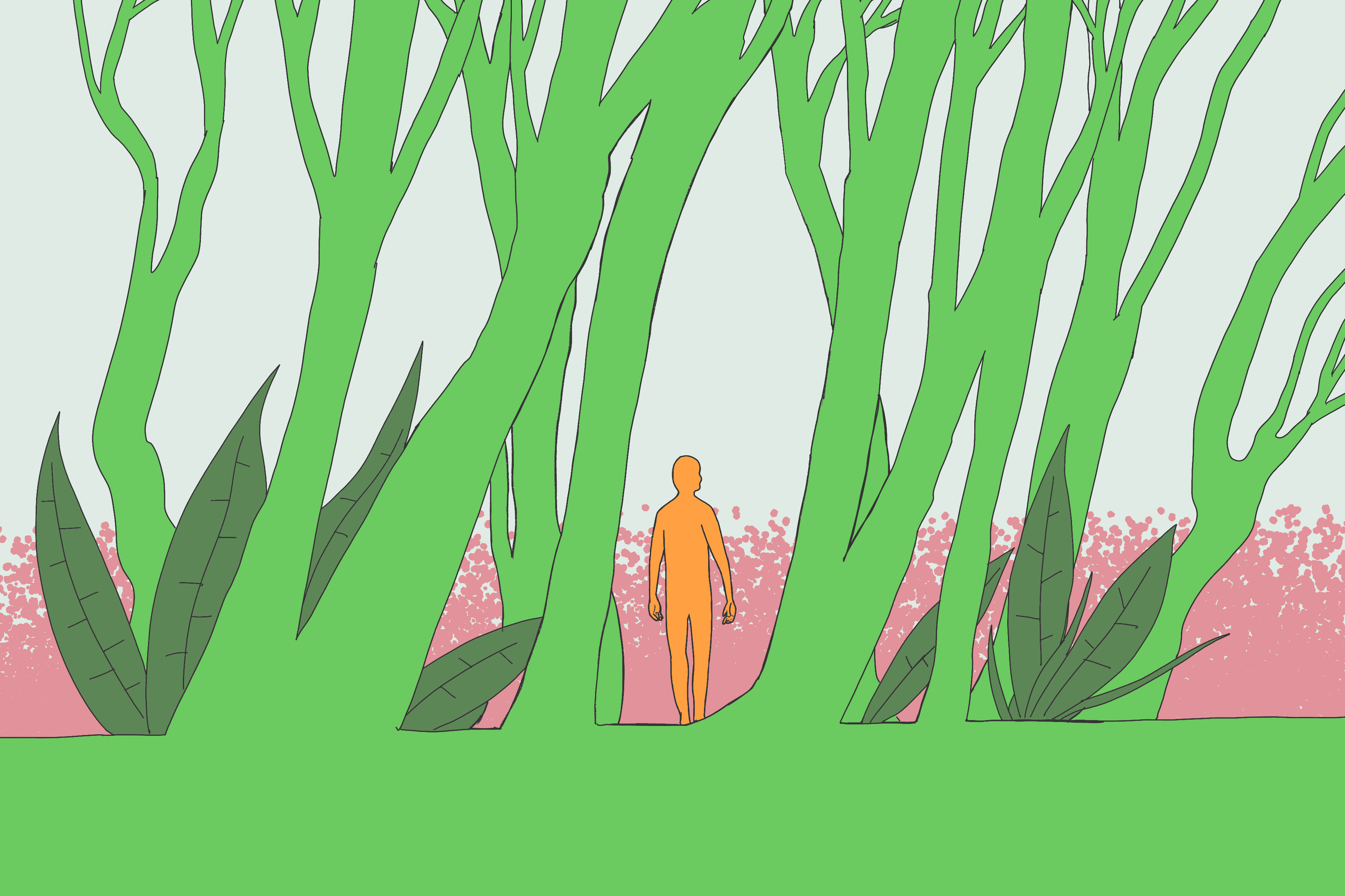 En person som går gjennom en skog